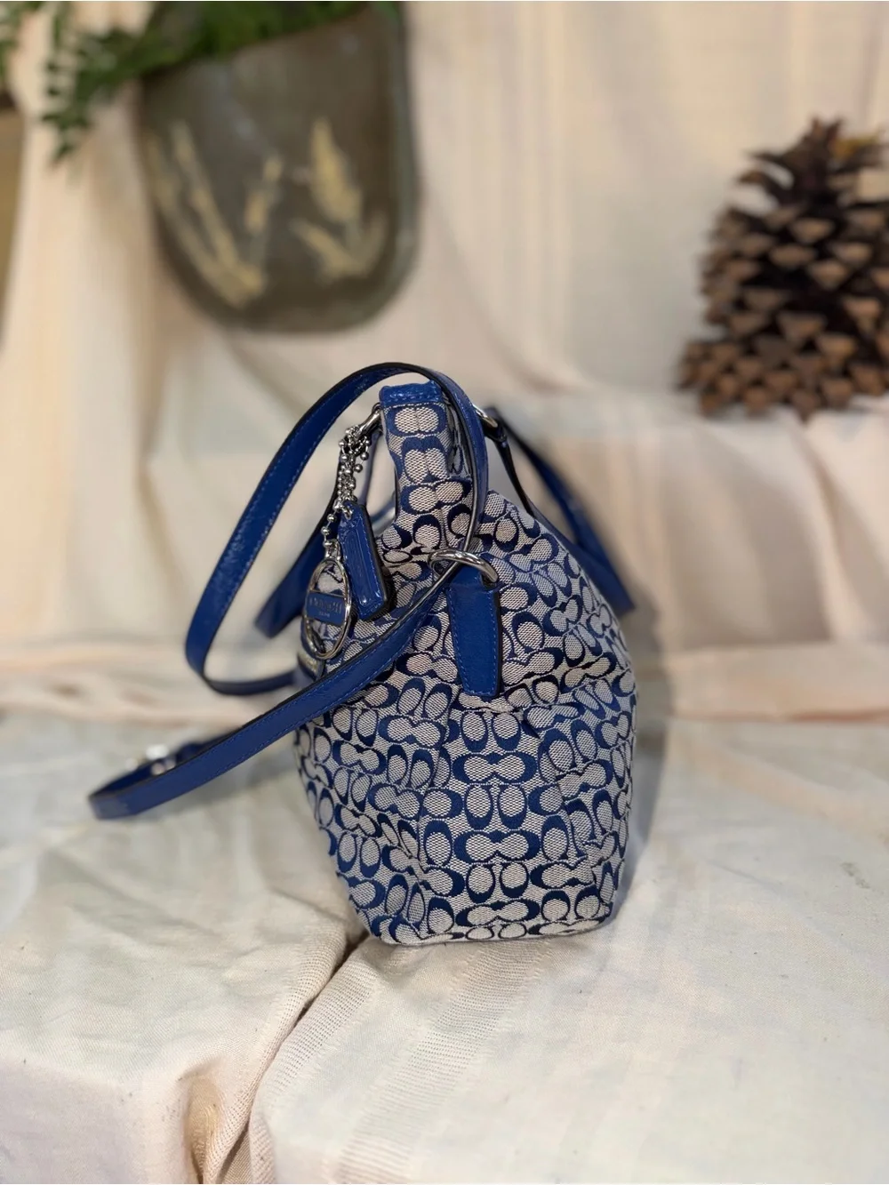 Coach Blue and White Signature Stripe Shoulder Bag